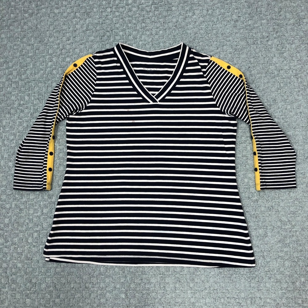 E.L.I Shirt Womens Large Blue Striped V Neck 3/4 Sleeve Pima Cotton Buttons
